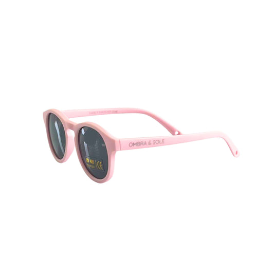 Angle view of baby toddler UV Polarised flexible pink sunglasses