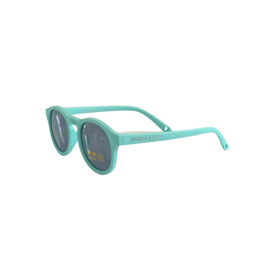 angle view of baby toddler UV Polarised Flexible sunglasses in mint green