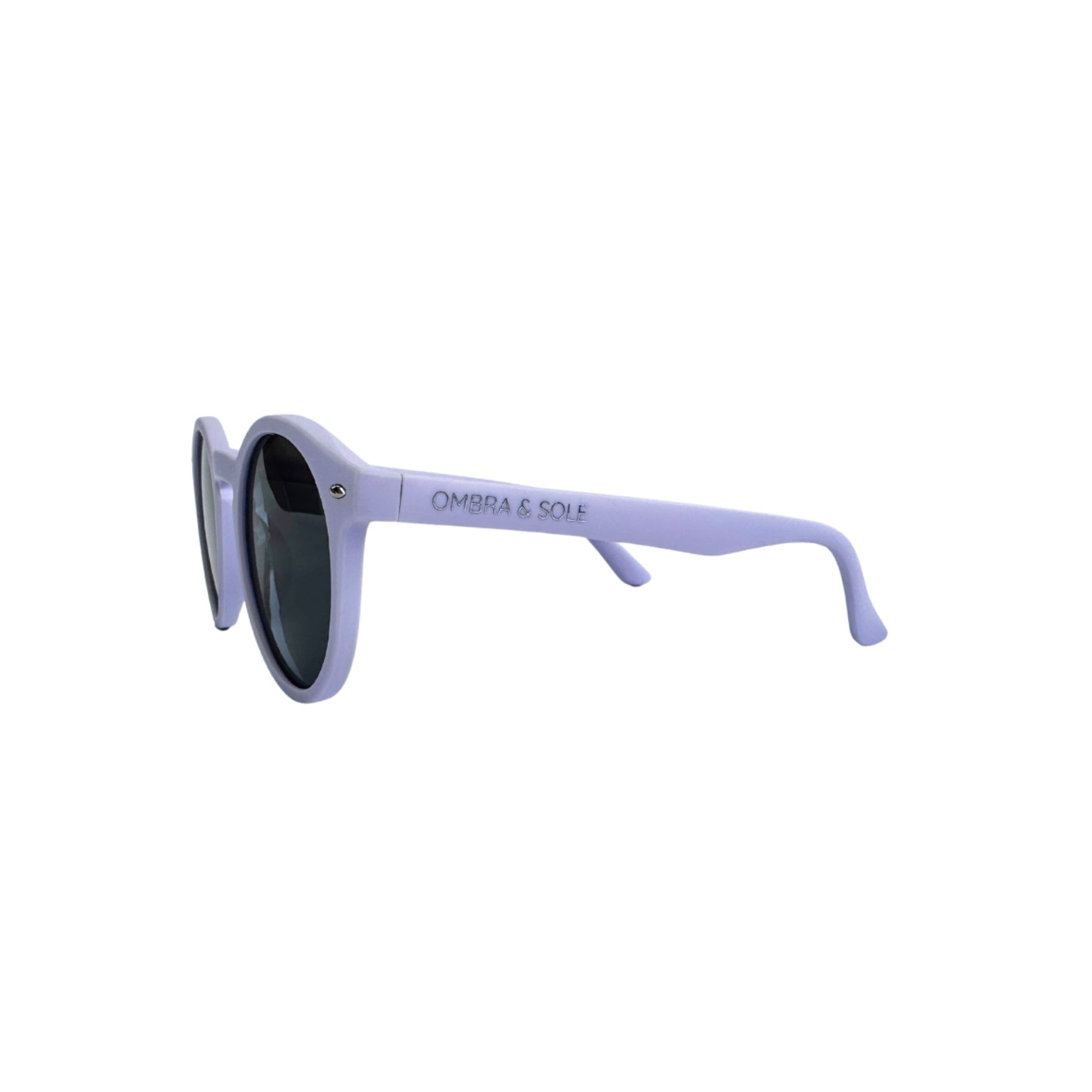 angle view of purple UV polarised kids flexible sunglasses