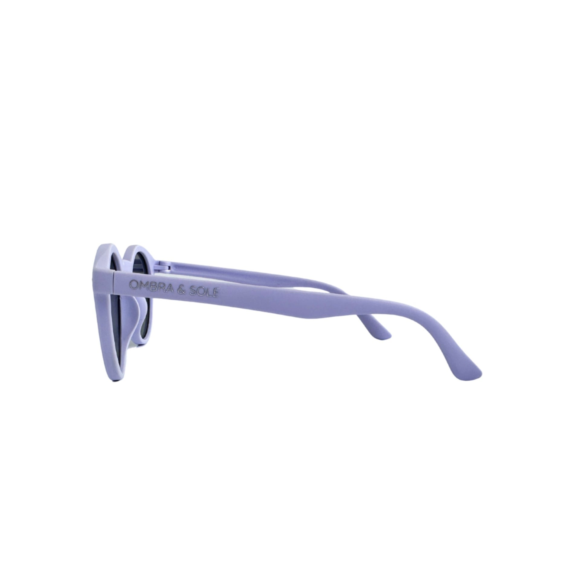 side view of purple UV polarised kids flexible sunglasses