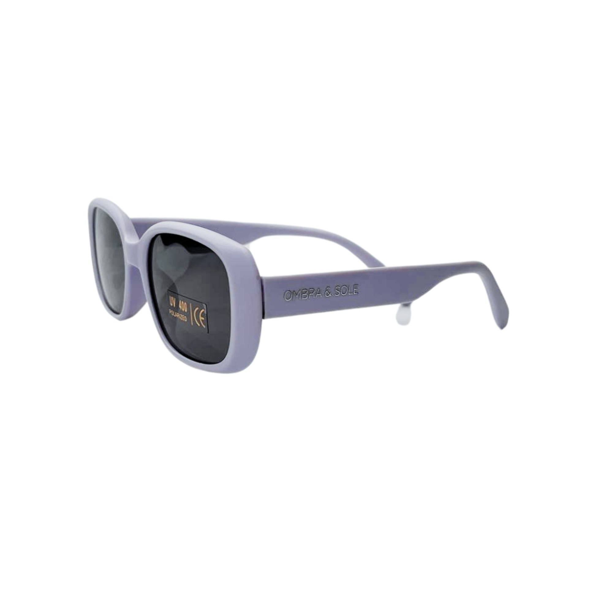 Angle view of kids polarised violet sunglasses flexible frames