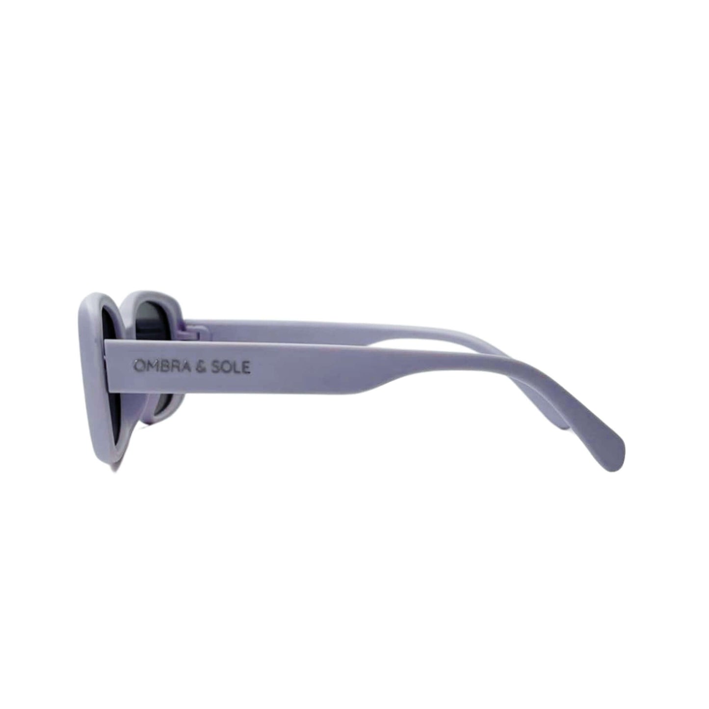 Kids polarised UV sunglasses in violet showing side view of flexible arms