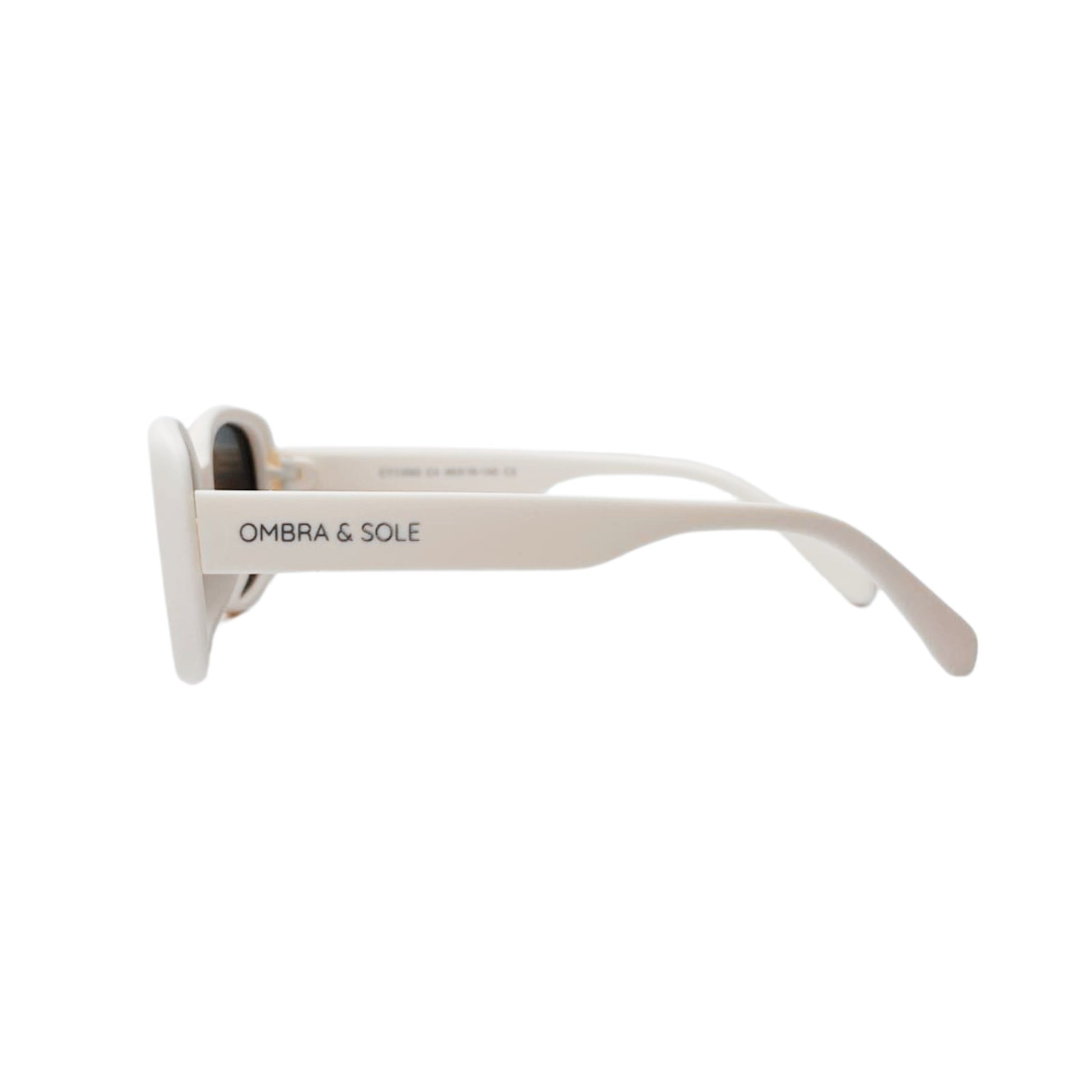 Side view of pebble white kids sunglasses showing flexible durable frames