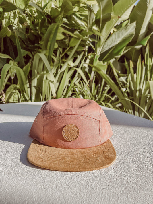 Dusty Pink, children's 5 Panel hat, suede brim, leather logo