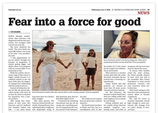 ombra and sole feature in the leader newspaper, images of kara founder with two children walking on the beach, and lying in hospital bed before melanoma surgery 