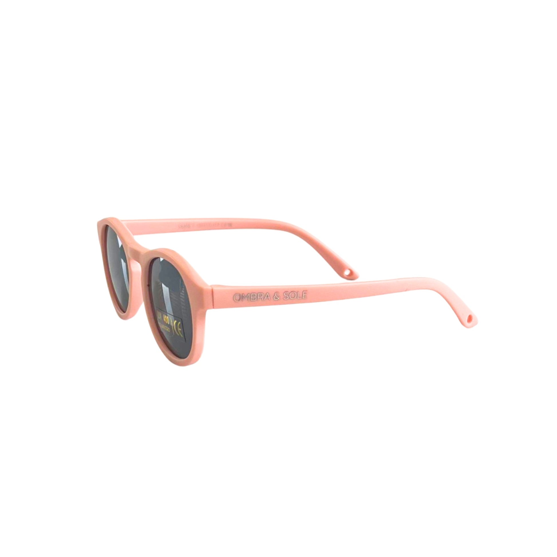 Angle view of baby toddler UV Polarised flexible peach sunglasses 