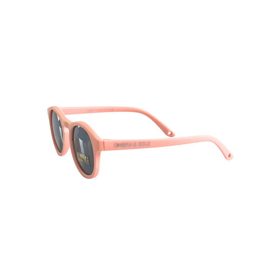 Angle view of baby toddler UV Polarised flexible peach sunglasses 