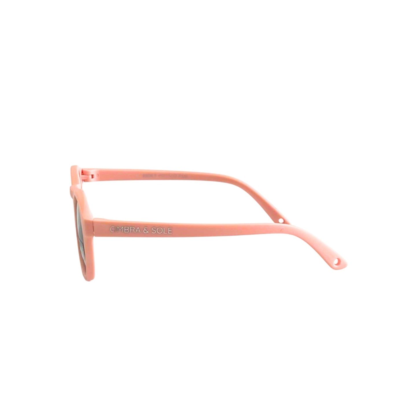 Side view of baby toddler UV Polarised flexible peach sunglasses 