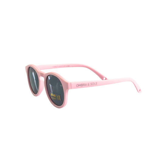 Angle view of baby toddler UV Polarised flexible pink sunglasses 